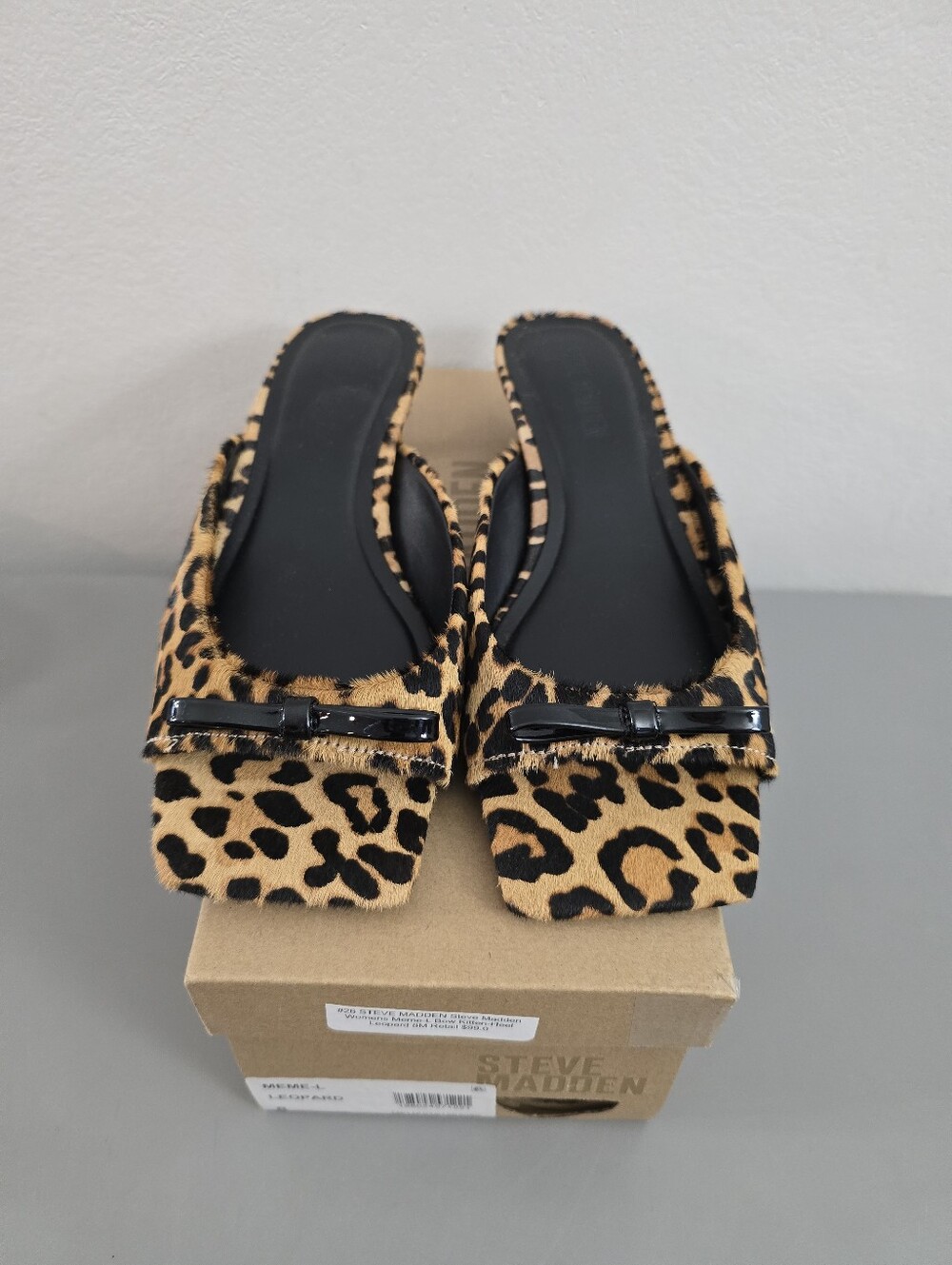 Steve Madden Meme Leopard-Print Slip-On Kitten Heel Mules with Black Patent Bow